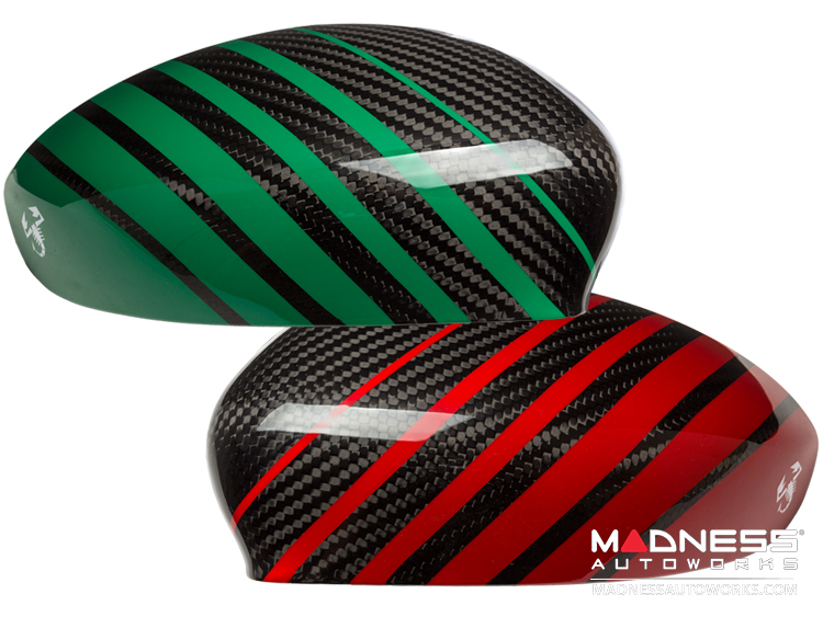 FIAT 500 Mirror Covers - Carbon Fiber - Red & Green Racing Stripe w/ White Scorpion
